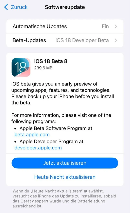 乃东苹果手机维修分享苹果 iOS / iPadOS 18 开发者预览版 Beta 8 发布 